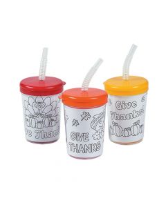 Color Your Own Give Thanks Cups with Lids and Straws