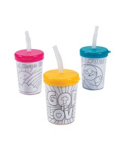 Color Your Own Religious Cups with Lids and Straws
