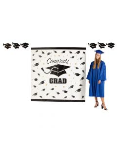 Congrats Grad Backdrop with Graduation Cap Cutouts