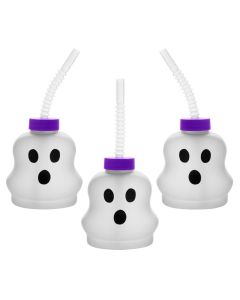 Ghost-Shaped Frosted Reusable BPA-Free Plastic Cups with Lids and Straws - 12 Ct.