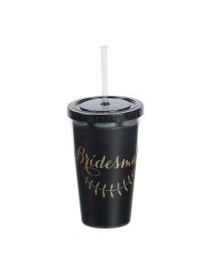 Gold and Black Bridesmaid Plastic Tumbler with Lid and Straw