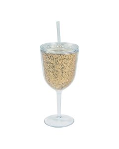 Gold Glitter Plastic Wine Glass with Lid and Straw