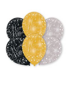 Gold, Silver, Black Happy Birthday Latex Balloons
