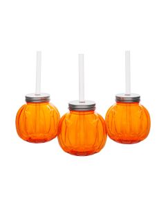Jack-O'-Lantern-Shaped Reusable BPA-Free Plastic Cups with Lids and Straws - 12 Ct.