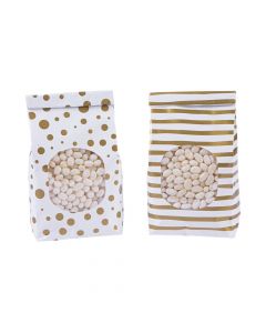 Metallic Gold Patterned Tin Tie Treat Bags with Window