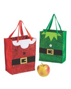 Mini Santa and Elf Glitter Tote Bags