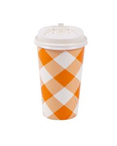 Orange Plaid Insulated Coffee Paper Cups with Lids- 12 Ct.