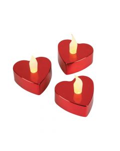 Red Metallic Heart-Shaped Battery-Operated Tea Light Candles