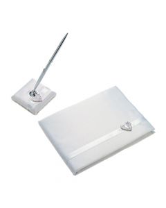 White Wedding Guest Book and Pen Set with Heart Buckle