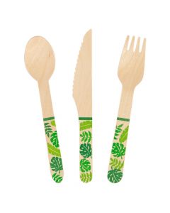 Wooden Cutlery Set with Tropical Leaf Design Handles